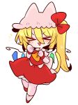  &gt;_&lt; 1girl :3 animal_ears ascot blonde_hair bow cat_ears crystal ears_through_headwear fang flandre_scarlet frills hat hat_ribbon highres medium_hair mob_cap one_side_up op_na_yarou puffy_short_sleeves puffy_sleeves red_bow red_eyes red_ribbon red_skirt red_vest ribbon shirt short_hair short_sleeves siblings side_ponytail simple_background sisters skirt skirt_set solo symbol-only_commentary touhou vest white_background white_shirt wings yellow_ascot 