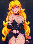  1girl absurdres black_panties blonde_hair blue_eyes breasts cleavage crown earrings elbow_gloves fishnets gloves highres jewelry large_breasts long_hair looking_at_viewer mario_(series) nintendo panties pixel_art princess_peach solo underwear very_long_hair yumykon 