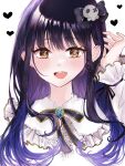  1girl adjusting_hair black_hair boku_no_kokoro_no_yabai_yatsu brown_eyes cropped_shoulders frills hair_ornament heart highres long_hair long_sleeves looking_at_viewer mole mole_on_neck multiple_moles neck_ribbon open_mouth ori_(oiko_mme) portrait ribbon simple_background skull_hair_ornament solo white_background yamada_anna 