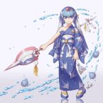  1girl bare_shoulders blue_eyes collarbone fairy_leviathan_(mega_man) fish halberd helmet highres holding holding_polearm holding_weapon japanese_clothes kimono looking_at_viewer mega_man_(series) mega_man_x_(series) mega_man_x_dive mega_man_zero_(series) off_shoulder official_alternate_costume polearm reflection sarashi simple_background suama-yuki water water_balloon weapon white_background 
