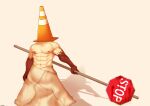  1boy abs absurdres bara blood blood_on_weapon cloak covered_horns dark_skin feet_out_of_frame fujimachine_(clayten) halloween halloween_costume highres holding holding_sign holding_weapon large_pectorals male_focus muscular muscular_male naked_cloak navel nipples parody pectorals pyramid_head road_sign shadow sign silent_hill_2 simple_background solo stomach stop_sign topless_male traffic_cone veins weapon 