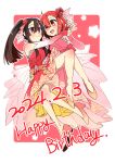  2024 2girls :d absurdres ahoge bare_shoulders black_hair blush bridal_gauntlets brown_eyes carrying closed_mouth dated dress elbow_gloves english_text flower full_body gloves hair_between_eyes hair_flower hair_ornament happy_birthday high_heels highres holding_hands koori_chikage long_hair looking_at_another multiple_girls nogi_wakaba_wa_yuusha_de_aru open_mouth outline pink_dress pink_footwear pink_gloves princess_carry red_dress red_eyes red_flower red_footwear red_hair red_rose rose shinshi_yuusha_x_ko short_hair side_ponytail sleeveless sleeveless_dress smile star_(symbol) strapless strapless_dress takashima_yuuna very_long_hair white_outline yuri yuusha_de_aru 