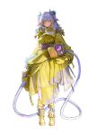  1girl absurdres blue_flower blue_hair boots breasts closed_mouth coat dress flower full_body gloves hair_flower hair_ornament highres holding horns long_hair long_sleeves looking_at_viewer mokagu original purple_hair simple_background small_breasts solo standing tachi-e tube white_background yellow_coat yellow_dress yellow_eyes yellow_footwear yellow_gloves 