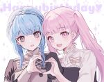  2girls blue_hair braid brown_eyes crown_braid fire_emblem fire_emblem:_three_houses garreg_mach_monastery_uniform happy_birthday heart heart_hands heart_hands_duo highres hilda_valentine_goneril long_hair long_sleeves marianne_von_edmund multiple_girls open_mouth pink_eyes pink_hair short_sleeves twintails uniform yuurururun 