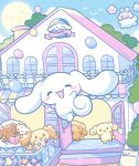  1boy :3 balloon blush blush_stickers cafe cinnamoroll closed_eyes closed_mouth cloud curled_tail dog flower highres jumping long_hair loveycloud multiple_others open_mouth sanrio sign sun tail tree waving white_dog 