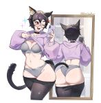  1girl :3 absurdres animal_ears ass black-framed_eyewear black_hair black_pantyhose blush breasts cameltoe cat_ears cat_girl cat_tail cellphone choker clothes_lift clothes_pull commission fang glasses grey_panties grey_sports_bra heart highres hood hoodie hoodie_lift jewelry medium_breasts mirror mole mole_under_eye navel necklace one_eye_closed open_mouth original panties pantyhose pantyhose_pull phone purple_hoodie red_eyes round_eyewear short_hair sin_(sintrybest) smartphone smile solo sports_bra tail twitter_username underwear 