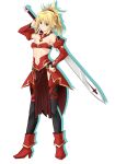  1girl armor bangs black_legwear blonde_hair blue_eyes breasts closed_mouth detached_sleeves eyebrows_visible_through_hair fate/apocrypha fate_(series) faulds full_body hair_between_eyes hair_ornament hair_scrunchie hand_on_hip high_heels holding holding_sword holding_weapon long_hair long_sleeves mordred_(fate) mordred_(fate/apocrypha) navel ponytail red_bandeau red_footwear red_scrunchie red_sleeves scrunchie simple_background small_breasts solo standing strapless sword tachi-e underboob weapon white_background yustinos 