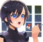  1girl asymmetrical_hair black_hair black_shirt blue_eyes blush buttons cake collared_shirt commentary eating food food_on_face fork frilled_shirt frills fruit highres holding holding_fork kawame626 kingdom_hearts kingdom_hearts_iii open_mouth shirt sleeveless solo strawberry symbol-only_commentary teeth upper_teeth_only window xion_(kingdom_hearts) 