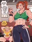  2girls abs absurdres arms_on_head bare_shoulders black_eyes black_pants blonde_hair blush bright_pupils chiyoi_(diforland) diforland english_text freckles green_sports_bra hand_on_own_hip headband highres indoors long_hair motion_lines multiple_girls muscular muscular_female navel open_mouth orange_hair original pants pink_shorts plump ponytail shirt short_hair short_shorts short_sleeves shorts speech_bubble sports_bra spread_legs squatting sweat teeth thyramise_(diforland) whistle whistle_around_neck white_headband white_pupils yellow_shirt 