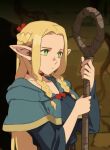  1girl blonde_hair blue_capelet braid capelet dungeon_meshi elf green_eyes highres holding holding_staff long_hair marcille_donato optionaltypo pointy_ears solo staff twin_braids 