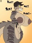 absurd_res angry anthro areola aroused aroused_smile bethesda_softworks big_breasts breasts deathclaw dialogue digital_media_(artwork) dominant dominant_female english_text fallout female genitals hi_res horn huge_breasts mammal monster nipples nude pussy reptile scales scalie simple_background smile solo sralivewolfox tail teeth text thick_thighs