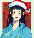  1boy androgynous black_hair blue_kimono bluefriedchick blunt_bangs blush christmas christmas_ornaments floral_background fur-trimmed_headwear fur_trim hat highres japanese_clothes kikunojo_(one_piece) kimono lipstick long_hair makeup male_focus mistletoe mistletoe_hair_ornament one_piece pom_pom_(clothes) purple_eyes red_lips santa_hat smile solo 