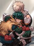  2boys aqua_bodysuit bakugou_katsuki bandaged_arm bandages belt belt_pouch black_footwear black_pants blonde_hair boku_no_hero_academia boots cape chiyaya clenched_teeth colored_shoe_soles covered_face detached_sleeves explosive feet_out_of_frame freckles from_side gloves green_gloves green_hair grenade grey_gloves hand_on_another&#039;s_arm hand_on_another&#039;s_back hands_up highres hug knee_boots knee_pads kneeling leaning_forward leaning_on_person male_focus messy_hair midoriya_izuku multiple_boys official_alternate_costume on_ground orange_gloves outstretched_arm pants pouch profile rain red_belt ripples shaded_face shadow short_hair sleeveless spiked_hair spoilers support tank_top teeth torn_cape torn_clothes torn_gloves torn_sleeve two-tone_gloves yellow_cape 
