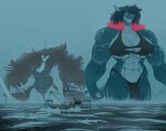 2023 anthro apron555 big_breasts black_hair breasts brown_hair bulge clothing duo female fish gynomorph hair hi_res intersex long_hair macro marine muscular outside sea shakirah_(grammaticerror) shark ship suzana_dawson torn_bra vehicle water watercraft