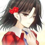 1girl absurdres black_hair brown_eyes commentary_request floating_hair flower grin hair_flower hair_ornament highres jacket kara_no_kyoukai open_clothes open_jacket parted_bangs red_flower red_jacket ryougi_shiki short_hair simple_background smile solo toomishou upper_body white_background 