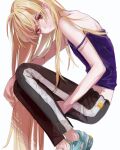  1girl bare_arms bare_shoulders black_pants blonde_hair blue_camisole camisole closed_mouth highres leaning_forward long_hair looking_at_viewer looking_to_the_side original pants red_eyes shoes simple_background sneakers solo srnmomo strap_slip sweatpants very_long_hair white_background 