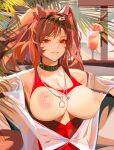  1girl absurdres angelina_(arknights) angelina_(summer_flowers)_(arknights) animal_ears arknights breasts breasts_outside brown_hair commentary couch cover-up cup drink earpiece eyebrows_visible_through_hair eyelashes fox_ears glass grapefruit_slice hair_ribbon highres infection_monitor_(arknights) jewelry ken_(1057168252) large_breasts leaf lips long_hair looking_at_viewer necklace nipples official_alternate_costume parted_lips perky_breasts red_eyes red_ribbon red_swimsuit ribbon see-through shirt sitting smile solo swimsuit twintails upper_body white_shirt 