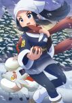  1girl :d absurdres akari_(pokemon) black_hair blue_eyes blush commentary_request eyelashes floating_hair floating_scarf head_scarf highres hisuian_zorua jacket long_hair open_mouth outdoors pokemon pokemon_(creature) pokemon_legends:_arceus red_scarf refisa scarf shirt shoes skirt smile snow snowing socks standing tree white_headwear 