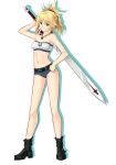  1girl aqua_eyes bandeau bangs belt black_belt black_footwear blonde_hair blue_shorts breasts cleavage closed_mouth collarbone denim denim_shorts eyebrows_visible_through_hair fate/apocrypha fate_(series) full_body hair_ornament hair_scrunchie hand_on_hip holding holding_sword holding_weapon jewelry long_hair looking_at_viewer micro_shorts mordred_(fate) mordred_(fate/apocrypha) necklace ponytail red_scrunchie scrunchie shorts simple_background small_breasts solo standing strapless sword tachi-e tube_top weapon white_background white_bandeau yustinos 