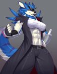 2024 5_fingers abs anthro armor bandai_namco big_breasts black_bottomwear black_clothing black_coat black_gloves black_handwear black_pants black_topwear blue_body blue_fur bottomwear breasts canid canine canis chest_wraps clothing coat digimon digimon_(species) doomthewolf ear_piercing ear_ring eyewear female fingerless_gloves fingers fluffy fluffy_tail fur gaomon garura_the_bancho_gaorurumon gauntlets gloves grey_background handwear hi_res hybrid looking_at_viewer looking_down looking_down_at_viewer mammal markings multicolored_body multicolored_fur nipple_outline pants piercing pink_fingernails purple_markings ring_piercing scar simple_background solo standing sunglasses tail thick_thighs topwear under_boob weregarurumon white_body white_fur wolf wraps yellow_eyes