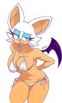 absurd_res anthro bat bat_wings big_breasts blue_eyes blue_eyeshadow breasts clothing eyelashes eyeshadow female fur hands_behind_back hi_res looking_at_viewer makeup mammal membrane_(anatomy) membranous_wings navel rouge_the_bat sayuraa sega simple_background solo sonic_the_hedgehog_(series) swimwear tan_body tan_fur thick_thighs white_background white_body white_clothing white_fur white_swimwear wide_hips wings