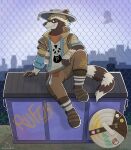 absurd_res anthro blueauradog clothing dumpster epic_games facial_piercing fence fortnite hi_res jacket kerchief looking_at_viewer male mammal nose_piercing piercing procyonid raccoon rufus_(fortnite) smug_grin solo topwear wrappings