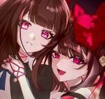  2girls 30_byou_suwa :d blunt_bangs brown_hair commentary_request dual_persona facial_mark fox_mask highres honkai:_star_rail honkai_(series) long_hair looking_at_viewer mask mask_on_head multiple_girls open_mouth parted_lips pink_eyes smile sparkle_(honkai:_star_rail) 