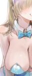  1girl alracoco asuna_(blue_archive) bangs bare_shoulders blonde_hair blue_archive blue_bow blue_bowtie blue_eyes blue_leotard blush bow bowtie breasts cleavage commentary detached_collar english_commentary eyes_visible_through_hair grin hair_over_one_eye highres large_breasts leotard long_hair looking_at_viewer mole mole_on_breast playboy_bunny simple_background smile solo strapless strapless_leotard sweat upper_body white_background 