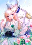  1boy 1girl :d absurdres black_gloves blonde_hair blue_eyes cover cover_page day dress epaulettes flower gloves green_dress green_eyes grey_hair hair_flower hair_ornament hetero highres hug hug_from_behind jewelry necklace nogikawa novel_cover official_art outdoors prince smile uniform 
