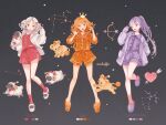  3girls :d animal_slippers aries_(constellation) aries_(zodiac) black_background bow braid brown_eyes brown_hair buttons claw_pose color_guide constellation english_text full_body hair_ornament heart highres hood jacket leo_(constellation) leo_(zodiac) long_hair long_sleeves looking_at_viewer mokaffe multiple_girls open_clothes open_jacket open_mouth orange_eyes orange_hair orange_shirt orange_shorts original pajamas polka_dot ponytail purple_eyes purple_footwear purple_hair purple_shirt purple_shorts purple_socks red_shirt red_socks sagittarius_(constellation) sagittarius_(zodiac) sheep shirt short_hair shorts sleeves_past_wrists slippers smile socks standing star_(symbol) stuffed_animal stuffed_toy white_hair white_jacket zodiac 