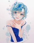  1girl air_bubble bare_shoulders blue_camisole blue_hair brown_eyes bubble camisole collarbone cropped_torso crying hand_up highres looking_at_viewer open_mouth original painting_(medium) short_hair signature simple_background solo srnmomo strap_slip tears teeth traditional_media upper_body watercolor_(medium) white_background 