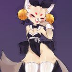anthro bell black_clothing bow_ribbon breasts canid canine clothing eyes_closed female flat_chested fox fur hi_res jellyenvy legwear mammal miki_(jealousjelly) open_mouth ribbons small_breasts smile solo stockings tan_body tan_fur white_clothing