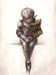  1girl armor blonde_pubic_hair closed_eyes crossed_ankles full_armor full_body gothic-chan_(ironlily) head_down helmet highres ironlily original own_hands_clasped own_hands_together simple_background solo sweat 