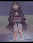  1girl bodystocking cape facial_mark feet_out_of_frame fire_emblem fire_emblem_fates forehead_mark messy_hair mouth_veil nyx_(fire_emblem) solo sorane_amus tiara veil water 