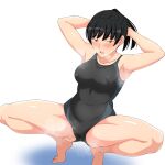  1girl amagami armpits arms_behind_back arms_up ass_visible_through_thighs bare_shoulders barefoot black_eyes black_hair black_one-piece_swimsuit blue_one-piece_swimsuit blush breasts cameltoe collarbone competition_swimsuit covered_nipples hanaguma highres legs looking_at_viewer medium_breasts one-piece_swimsuit open_mouth ponytail short_hair solo spread_legs squatting steaming_body swimsuit thighs tsukahara_hibiki two-tone_swimsuit wet 