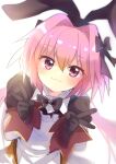  1boy :3 animal_ears archived_source astolfo_(fate) astolfo_(saber)_(fate) astolfo_(saber)_(third_ascension)_(fate) black_bow black_bowtie black_gloves blush bow bowtie collared_dress double_v dress fake_animal_ears fate/grand_order fate_(series) gloves hair_bow hair_intakes long_hair maikaihyan male_focus otoko_no_ko pink_hair purple_eyes rabbit_ears simple_background smile solo twintails v white_background 