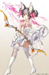  1girl :d animal_ear_fluff animal_ears arrow_(projectile) bare_shoulders black_hair boots bow_(weapon) brown_background commentary_request copyright_request detached_sleeves double_bun dress frilled_dress frilled_legwear frills from_behind full_body gradient gradient_background grey_hair grey_legwear high_heel_boots high_heels highres holding holding_arrow holding_bow_(weapon) holding_weapon looking_at_viewer looking_back magical_girl mintchoco_(orange_shabette) multicolored_hair official_art open_mouth puffy_short_sleeves puffy_sleeves purple_eyes short_sleeves smile solo teeth thighhighs thighhighs_under_boots two-tone_hair upper_teeth watermark weapon white_background white_dress white_footwear 