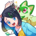  1girl :d afterimage arutarika_(ri_kaoekaki) black_hair blue_eyes commentary_request cowlick dated hair_ornament hairclip happy highres jacket jewelry liko_(pokemon) open_clothes open_jacket open_mouth pendant pokemon pokemon_(anime) pokemon_(creature) pokemon_horizons pokemon_on_back raised_eyebrows shirt smile sprigatito teeth upper_teeth_only white_background white_shirt yellow_bag 