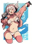  1girl bikini black_gloves blue_eyes blush breasts elphelt_valentine fingerless_gloves gloves grey_hair guilty_gear highres holding holding_microphone itsuka_neru jacket large_breasts long_sleeves looking_at_viewer microphone navel one_eye_closed open_mouth pink_jacket pink_theme short_hair smile solo swimsuit teeth upper_teeth_only white_bikini 