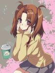  1girl breasts brown_hair character_print cup disposable_cup eyebrows_visible_through_hair floral_background frilled_skirt frills hand_on_own_face highres long_sleeves looking_at_viewer low_twintails medium_hair neco-arc red_eyes shirt simple_background skirt solo tajima_yoshikazu tsukihime tsukihime_(remake) twintails yellow_shirt yumizuka_satsuki 