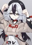  1girl :o absurdres animal_ears black_hair black_nails choker coralie_(honkai_impact) dog_ears dog_girl grey_background grey_eyes grey_hair grey_jacket highres honkai_(series) honkai_impact_3rd jacket long_hair long_sleeves looking_at_viewer multicolored_hair mutsu_aya nail_polish one_eye_closed open_mouth red_choker simple_background solo two-tone_hair upper_body 