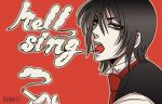  1boy artist_name black_eyes black_hair black_vest cigarette copyright_name hellsing hellsing:_the_dawn highres holding holding_cigarette male_focus necktie portrait profile red_background red_necktie smoke smoking solo toshimichi_yukari vest walter_c._dornez web_address 