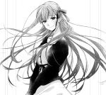  1girl blush buttons commentary cowboy_shot dress fate/stay_night fate_(series) floating_hair greyscale hair_ribbon highres light_smile long_hair long_sleeves looking_at_viewer matou_sakura monochrome puffy_sleeves ran_(ran_0605) ribbon simple_background solo upper_body 