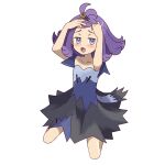  1girl absurdres acerola_(pokemon) asatsuki_(fgfff) bangs blue_dress blush collarbone commentary_request dress flipped_hair full_body grey_dress grey_eyes hair_ornament hairclip hands_up highres kneeling looking_at_viewer medium_hair multicolored_clothes multicolored_dress open_mouth pokemon pokemon_(game) pokemon_sm purple_hair raised_eyebrows short_sleeves simple_background solo stitches tongue topknot torn_clothes torn_dress white_background 