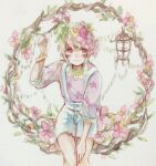  1girl blonde_hair blush bracelet brown_eyes closed_mouth floral_print flower hair_flower hair_ornament hand_up jewelry lantern leaf looking_at_viewer original overall_shorts overalls pink_flower purple_shirt shirt short_hair short_sleeves shorts sitting smile solo srnmomo suspenders traditional_media white_shorts wreath 