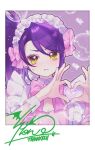  1girl blush border bow character_signature closed_mouth constellation furrowed_brow hair_bow hands_up heart heart_hands jjuu0105 long_hair looking_at_viewer maid_headdress pink_bow polaroid pretty_series pripara purple_hair side_ponytail solo sparkle sweatdrop toudou_shion upper_body white_border yellow_eyes 