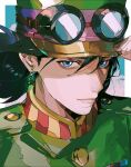  1boy black_hair blue_eyes buttons close-up earrings floating_hair goggles goggles_on_headwear green_jacket hair_between_eyes hand_on_headwear hat highres howl_(howl_no_ugoku_shiro) howl_no_ugoku_shiro jacket jewelry light_smile looking_at_viewer male_focus military_jacket military_uniform portrait sky solo torinodesu4 uniform 