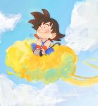 1boy absurdres black_eyes black_footwear black_hair blue_sky closed_mouth cloud cloudy_sky commentary_request day dougi dragon_ball dragon_ball_(classic) flying_nimbus french_commentary full_body hands_on_own_feet happy head_back highres indian_style king_fabu light_blush looking_up male_focus monkey_tail outdoors red_wristband ruyi_jingu_bang shoes sitting sky smile son_goku spiked_hair tail tareme weapon wide-eyed wristband 