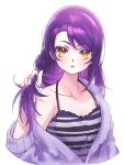  1girl bare_shoulders breasts bunching_hair cardigan cleavage cropped_torso hair_down hand_up holding_own_hair jjuu0105 long_hair looking_at_viewer off_shoulder open_mouth pretty_series pripara purple_cardigan purple_hair purple_shirt shirt simple_background small_breasts solo spaghetti_strap striped_clothes striped_shirt toudou_shion upper_body white_background yellow_eyes 