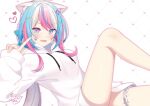  1girl animal_ears aqua_eyes blue_eyes blue_hair blush cat_ears commission facial_mark hood hoodie leg_up long_hair long_sleeves multicolored_eyes multicolored_hair nata_ichio open_mouth original pink_eyes pink_hair skeb_commission solo streaked_hair white_hair white_hoodie 